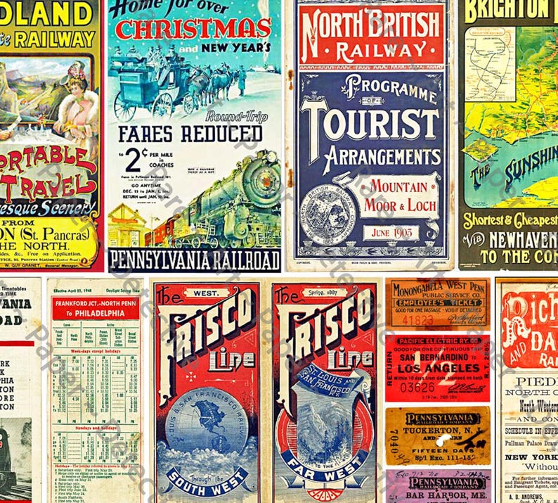 May include: A collection of vintage travel posters and tickets. The posters feature text and illustrations for various railway lines, including Pennsylvania Railroad and Frisco Line. The color palette includes red, blue, and yellow.