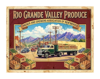 Productos del Valle del Río Grande, Arte de etiquetas de cajas de fruta estilo años 50, Publicidad retro, Impresión artística mate de 10.5" x 8", 26-a59