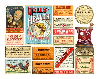 Antique Pharmacy Stickers, Apothecary Poison Labels, 17 Adhesive Medicine Cabinet Bottle Stickers, Halloween Accent & Novelty Stickers, 890
