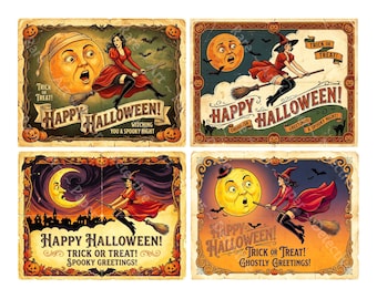 Halloween Stickers, Postcard & Greeting Card Making, Vintage Witch Illustrations, 5.25" x 4" each, 1459