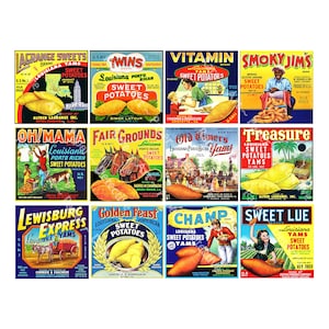 Louisiana Süßkartoffeletiketten, bedruckter Bogen, Küchen Wandkunst, Yams-Kistenetikett, altes Obstkistenetikett, Bauernküchendekoration, 511
