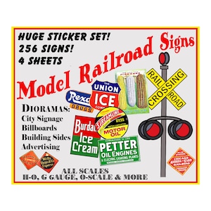 Signs for Trains & Dollhouses, 256 Model Railroad Advertising Sticker Signs on 4 Sheets, Gift Set Beautifully Packaged in a Clear Bag, PACK9