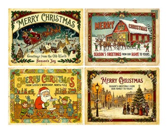 Christmas Stickers for Card Making and Decor, 4 Big Nostalgic Retro Postcards Sticker Illustrations, Cut and Peel Sheet, 1560