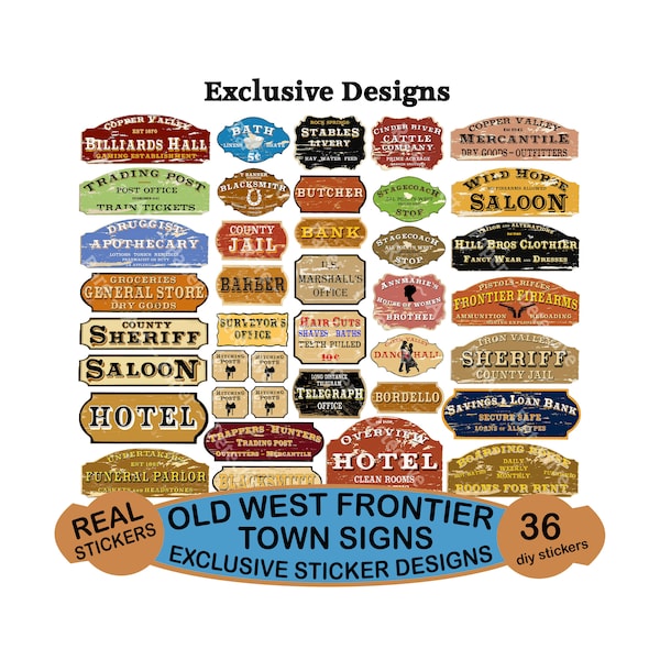 Frontier Town Sign Stickers Old West Signs Model Train Dollhouse Miniatures & Railroad Western Dioramas , DIY Hobby Sticker Sheet, 1278P