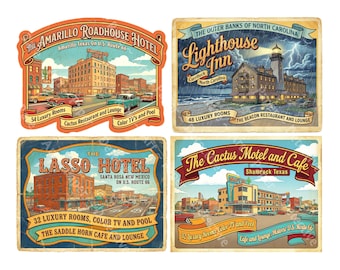 Vintage Luggage Stickers from The Golden Age of Travel, 4 Retro Baggage Labels, Cut and Peel Sheet, 1427