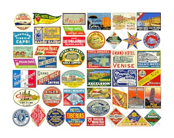 Conjunto enorme, 44 pegatinas para equipaje de hotel, 4 HOJAS DE PEGATINAS, pegatinas para maletero de viaje, etiquetas de equipaje, diarios de viaje, calcomanías para maletas, PACK3