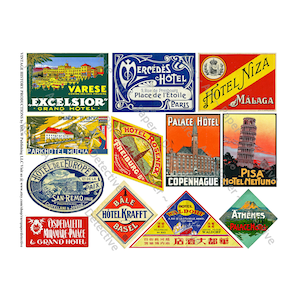 Luggage Label Stickers, 12 Steamer Trunk Decals, 1 Sheet, Baggage Tags, Travel Trunk Decal, Vintage Label Art & Travel Journal Stickers, 723