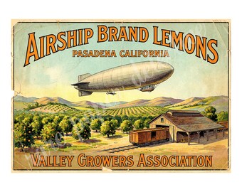 Airship Brand Lemons 1940s Style Fruit Crate Label Art, Retro Advertising, 7" x 10" Matte Art Print , 26-a26
