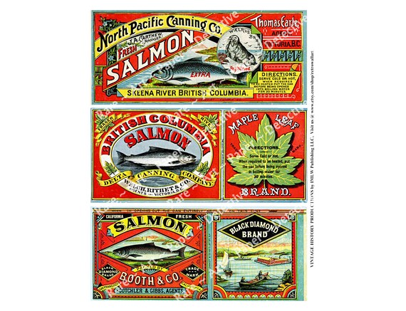 Antique Red Salmon Cannery Label, Printed Sheet, 3 Labels, Antique British Columbia Label, Skeena River, North Pacific Canning Company, 542