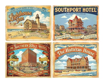 Vintage Luggage Stickers from The Golden Age of Travel, 4 Retro Baggage Labels, Cut and Peel Sheet, 1430