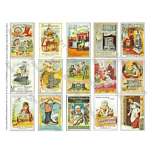 May include: A collage of vintage advertising cards featuring various products. The cards showcase colorful illustrations and text, including brands like "Solar Tip Shoes," "Majestic Ranges," and "New Process Soap." The collection evokes a sense of nostalgia.