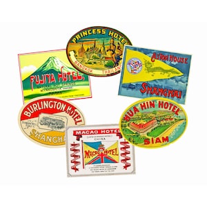 Luggage Stickers, Steamer Trunk Labels, 6 big & colorful Golden Age of Travel Decals, Suitcase and Baggage Decals, Authentic Sizes, S13