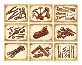 Work Bench Tool Sticker Tags and Junk Journal & Collage Crafters Antique Old World Style, 9 Tags at about 3.5" each, Cut and Peel Sheet 1572