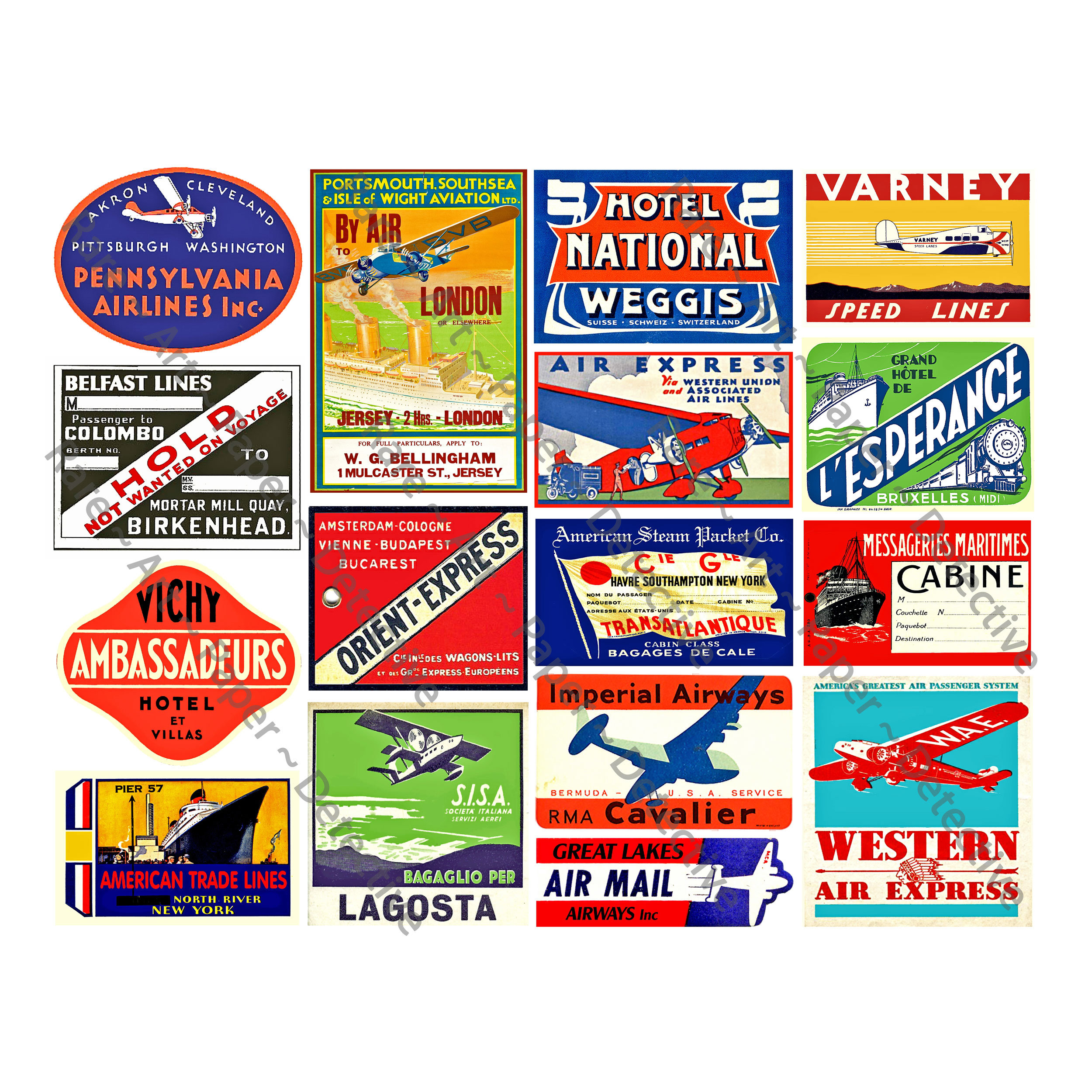Travel Label Sticker Set, Printed Sheet, Retro Baggage Tags, Airplane, Railroad & Hotel Luggage Labels, Travel Journal, Steamship Trunk, 766