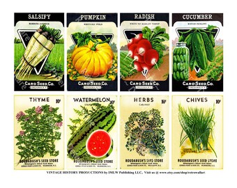 Seed Pack Stickers, Card Making, REAL ADHESIVE STICKERS, Vintage Vegetable Seed Packets, Rustic Garden Shed, Victorian Botanical Paper, 610