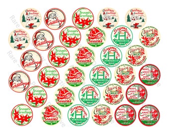 May include: A collection of 24 vintage Christmas themed round paper labels. The labels feature red and green colors with various designs including holly, bells, Santa Claus, and milk bottles. The labels have text that reads "Season's Greetings", "Christmas Greetings", "Merry Christmas", and "For Your Protection Homogenized Milk".