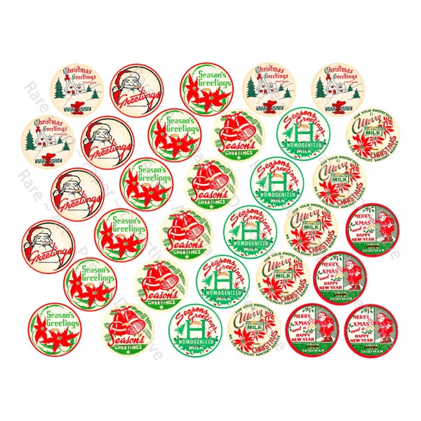 Christmas Stickers Milk Bottle Cap, 33 Envelope Seals, Cut & Peel Sheet, Santa Clause, Christmas Noel Tags, Holly and Bells Holiday, 428N