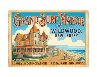 Hotel Luggage Sticker, Wildwood New Jersey, Exclusive Vintage Design 5" x 7", L36
