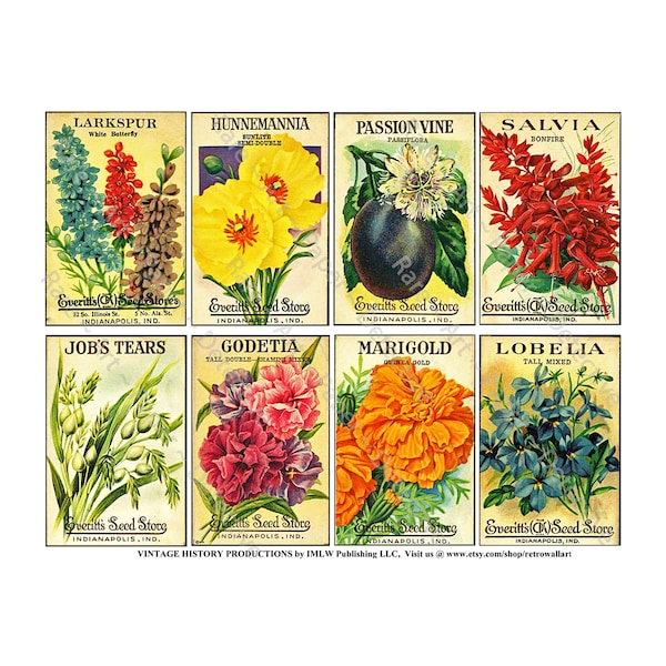 Antique Flower Seed Packets, Sticker Sheet, Vintage Seed Packs, Garden Greenhouse Sign, Rustic Garden Shed, Botanical Ephemera Paper, 621