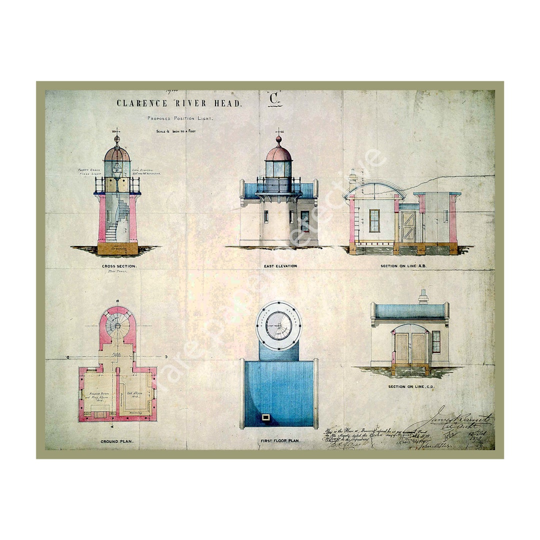 Lighthouse Print, 8 X 10 Wall Art, Antique Lighthouse Drawing, Coastal ...