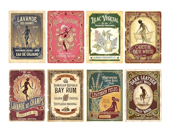 Perfume, Cologne, French Toilet Water Label Stickers Old Fashioned 1930s Bathroom Bottle Decor, 8 Labels, Easy Cut and Peel Sheet, 1474