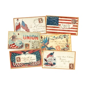 6 antieke patriottische envelopstickers, brievenenveloppen burgeroorlog historisch voor Altered Arts, kaarten en enveloppen maken of decoraties, 2P86