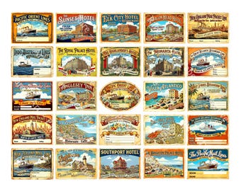 Mini Vintage Luggage Sticker Tags from The Golden Age of Travel, 25 Retro Baggage Labels, 2" x 1.5" each, Cut and Peel Sheet, 1555