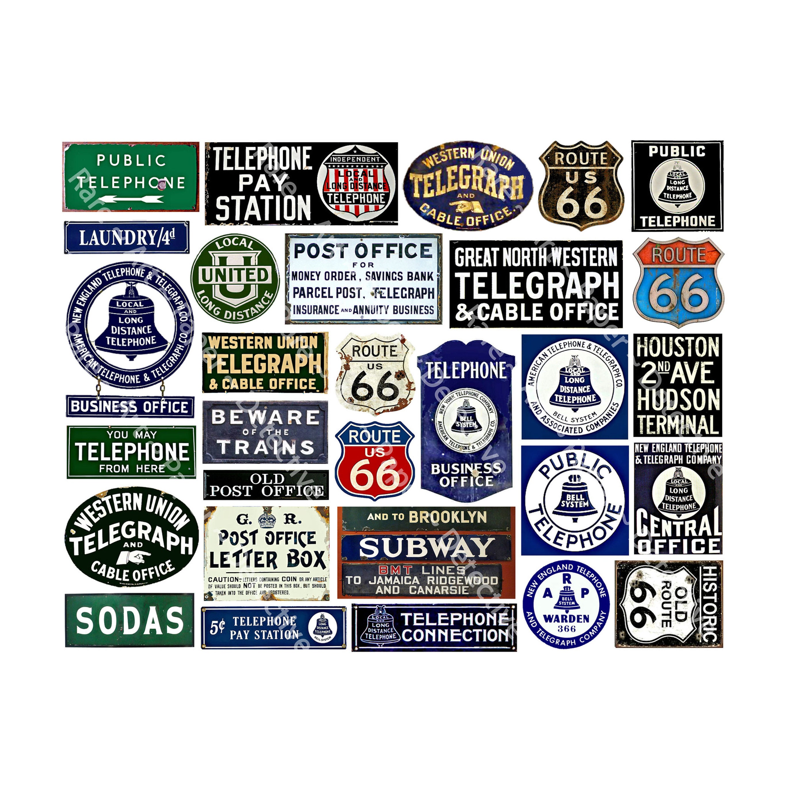 Vintage Travel Stickers: Route 66, Telegram & Telephone Signs