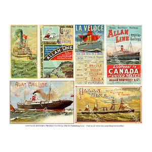 Poster di piroscafi e fogli di adesivi per copertine di orari Allan Line Nautical Home Decor Collage, Royal Mail Steamer, Clip Art di battelli a vapore, 570