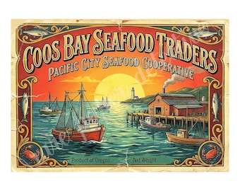 Coos Bay Seafood Traders 1940s Style Seafood Box Label Art, Retro Advertising, 7" x 10" Matte Art Print , 26-a23