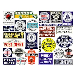 May include: A collage of vintage signs and logos, including "Post Office," "Telephone," and "Bus Depot." The signs feature various colors and fonts, with some displaying text like "Money Orders" and "Check Parcels Here."