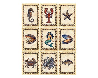 Ocean Seashore Sticker Tags and Junk Journal & Collage Crafters Antique Old World Style, 9 Tags at about 3.5" each, Cut and Peel Sheet 1566