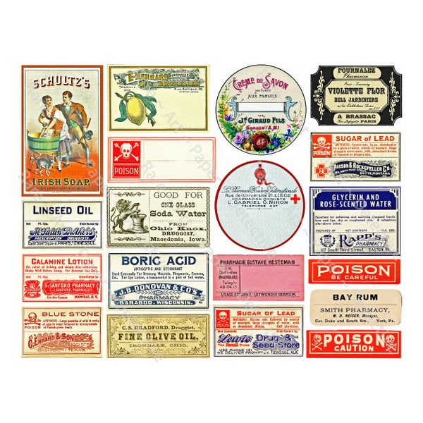 Medicine Bottle Labels, Printed Sheet, Pharmacy Art Paper Tags, Druggist Labels, Apothecary Bottles, Bathroom Decor, Pill Bottle Labels, 69Q