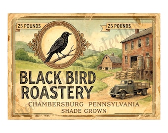 Black Bird Roastery 1940s Style Coffee Label Art, Retro Advertising, 7" x 10" Matte Art Print , 26-a11