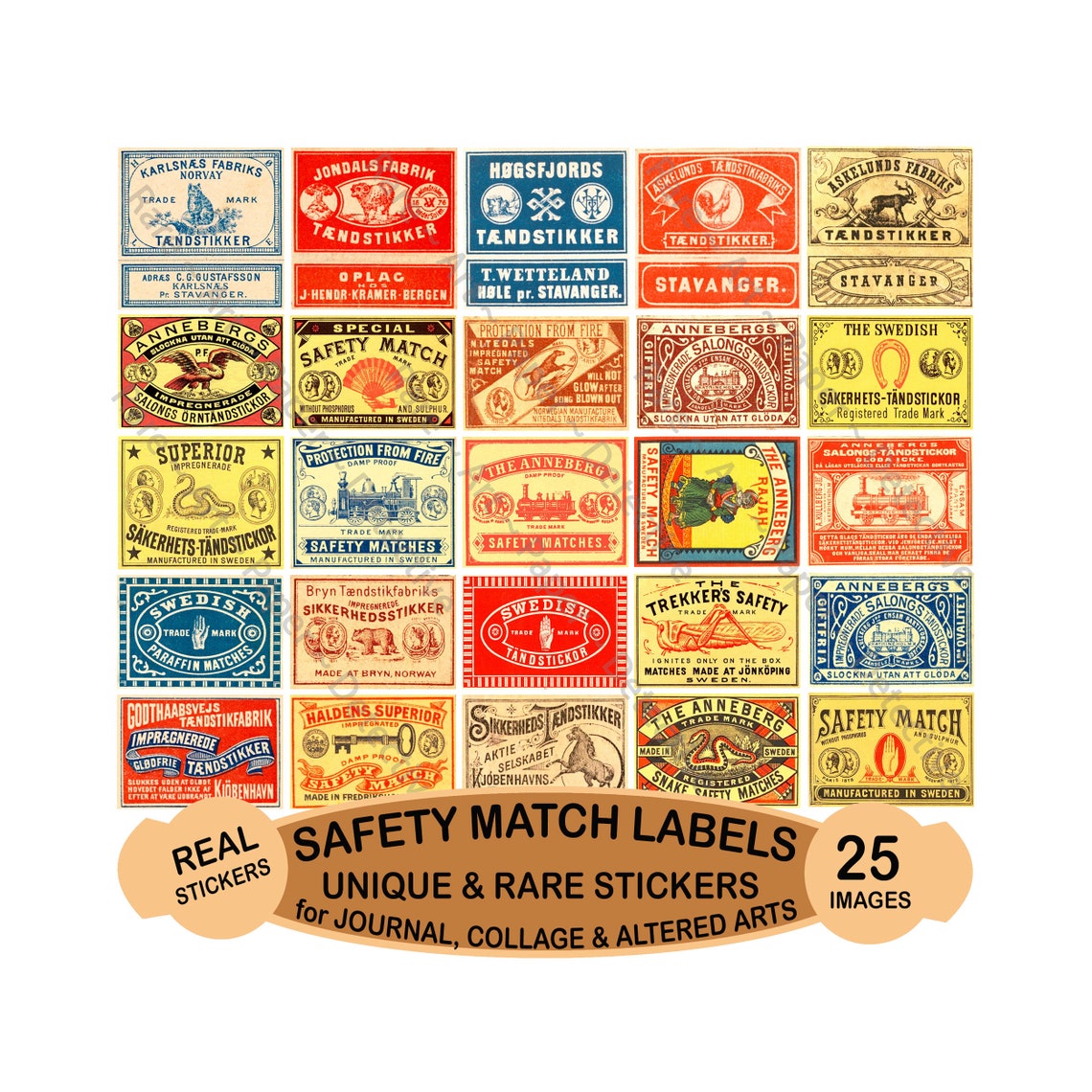 Safety Match Label Stickers, Authentic Sizes, 2