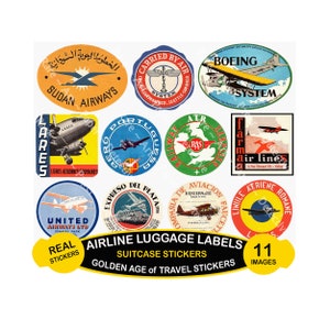 Airline Label Stickers, 11 Pcs. Luggage Label & Baggage Tags, Golden Age of Travel Suitcase Decals, Airplane Label, CUT and PEEL Sheet, 1013
