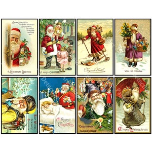 Kerststickerset van 8 ouderwetse ansichtkaarten, illustraties, elk 4 x 2,5 inch, kerstman en merry christmas, 844 vellen