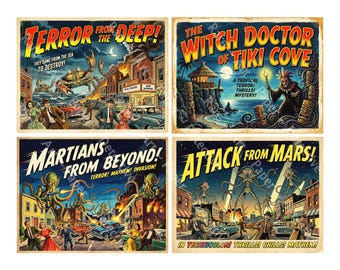 Retro Monster 1950s Movie Poster Stickers for Decor Making, 5" x 4" each, Easy Cut and Peel Sheet, 1546