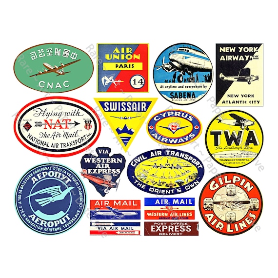 Airline Luggage Labels, Sticker Sheet, Airplane Decals, Plane Clip Art Paper, Travel Trunk, Trip Journal Tag, Suitcase & Baggage Labels, 53R