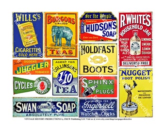Junk Journal Stickers, Colorful Vintage Advertising Rusty Metal Sign Images, 12 Weathered General Store Advertising Signs for Collage, 715