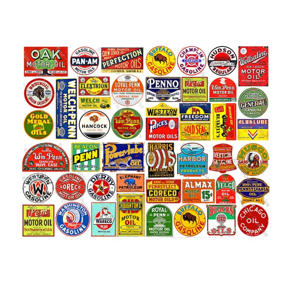 Motor Oil Labels & Gasoline Decals, Huge 48 Pcs set on 4 STICKER SHEETS, Garage Signs, Oil Can, Tool Box Decals, Auto Journals, PACK8