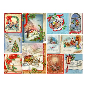 Kerststickers voor enveloppen en cadeauzegels, 11 labels, vel losgesneden, oude ansichtkaartillustraties, wenskaartzegels, 900