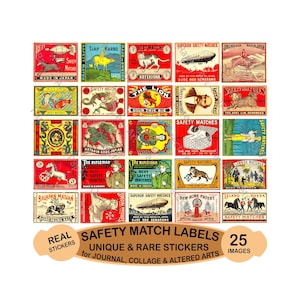 Stickers veiligheidslucifers, authentieke maten, elk 2 inch breed, luciferdooslabels, 25 stuks junkjournals, CUT & PEEL-stickervel, 1219