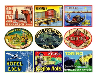 Luggage Label STICKERS, Baggage Labels, Cut and Peel Sheet, Vintage Travel Ephemera for Travel Journals & Steam Trunks, Suitcase Decals 1096