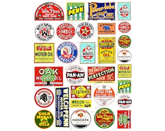 30 Oil and Gasoline Advertising Signs, Model Railroad Signs, Sticker Sheet, Hobby Images, Miniature Rusty Metal Signs, 1586