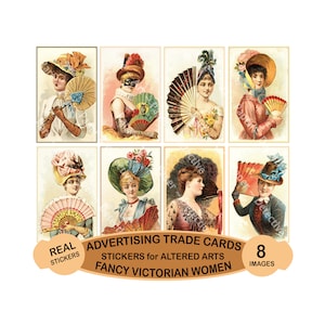 Vintage Werbe-Ephemera, Frauen-Werbekarten mit eleganten Damen mit Fans, 10 cm hohe Aufkleber, Cut & Peel-Blatt, 1196