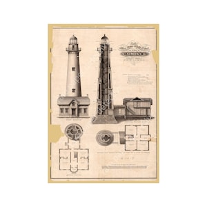 Lighthouse Illustration, 7&quot; x 10&quot; Wall Art, Antique Lighthouse Drawing, Coastal & Nautical Décor, Light Station Architectural Print, 21-61