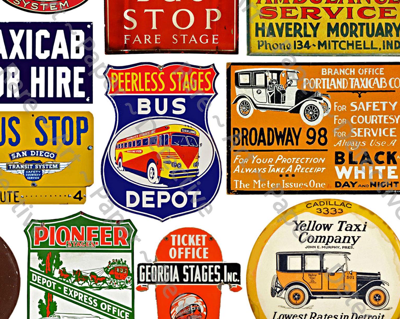 Bus Depot and Taxi Cab Signs, Sticker Sheet, Vintage Motor Coach Stop ...