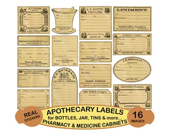 May include: A set of 16 vintage apothecary labels for bottles, jars, tins, and more. The labels are printed on a cream-colored background with black text and illustrations. The labels feature various designs, including a mortar and pestle, a pharmacy logo, and a bottle of medicine. The labels are perfect for adding a vintage touch to your home decor or for use in your craft projects.