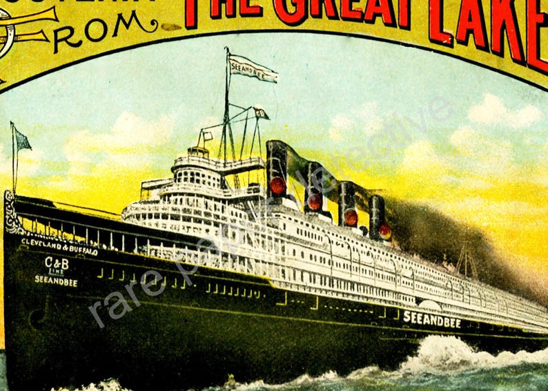 Póster de barco de vapor, impresión para decoración del hogar, 5" x 7", barco de vapor de los Grandes Lagos, recuerdo de barco de vapor, impresión de arte de pared, papel de crucero de viaje náutico vintage imagen 2
